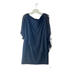 Xscape Womens Size 16 Navy Beaded Chiffon Overlay Cocktail Evening Dress